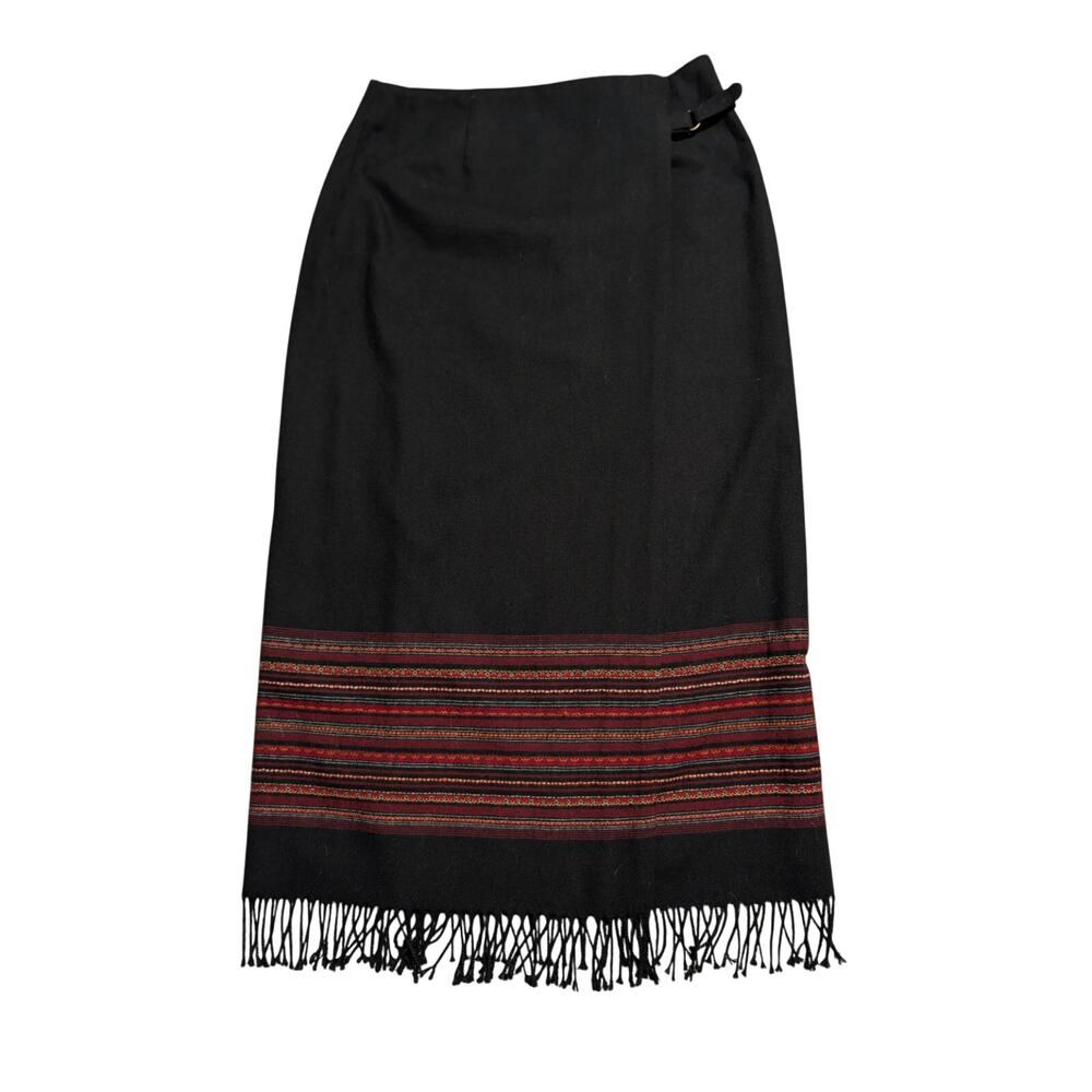 Worthington Vintage Wool Blend Black Fringe Hem Southwest Striped Wrap Skirt 10